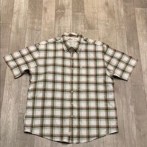Mens Timberland Linen Blend Plaid Pocket‎ Button Up Short Sleeve Shirt